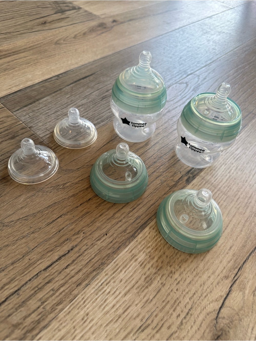 Lot of Tommee Tippee Baby Bottles & Nipples - Clear with Mint Green Rings